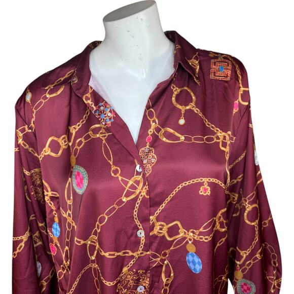 Susan Graver Regular Printed Charmeuse Button-Front Tunic Dark Cranberry Small - Picture 2 of 12